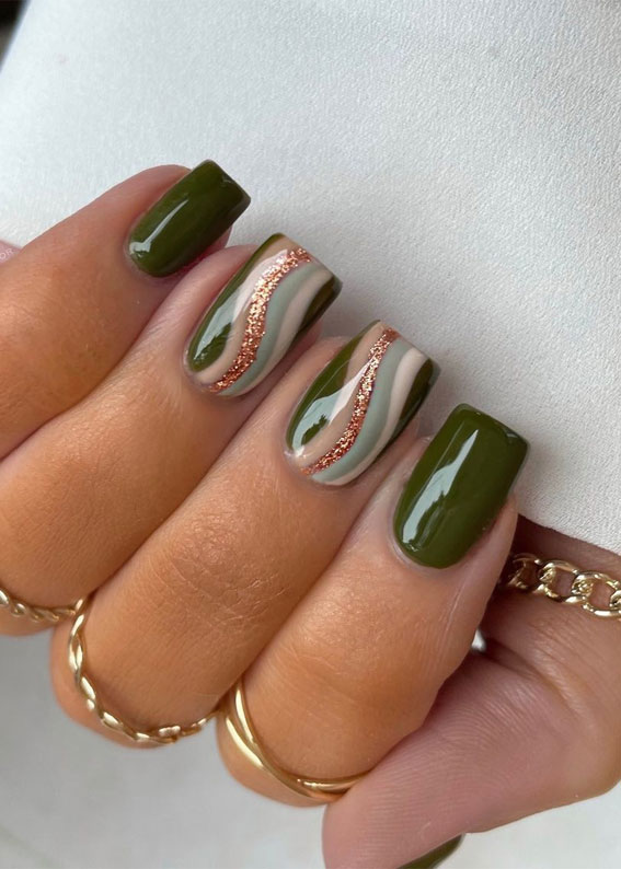 olive green nails, olive green and gold swirl nails, short green nails, green nails 2022, trendy green nails