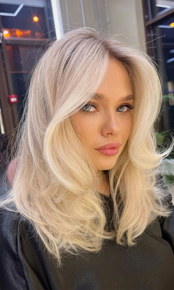 30 Medium Length Haircuts 2022 For All Face Shapes : Butter Blonde with  Long Bangs
