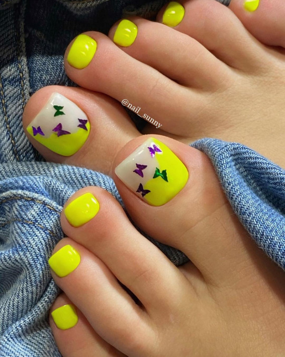 40+ Trendy Pedicure Designs 2022 : Bright Yellow & Butterfly Pedicure