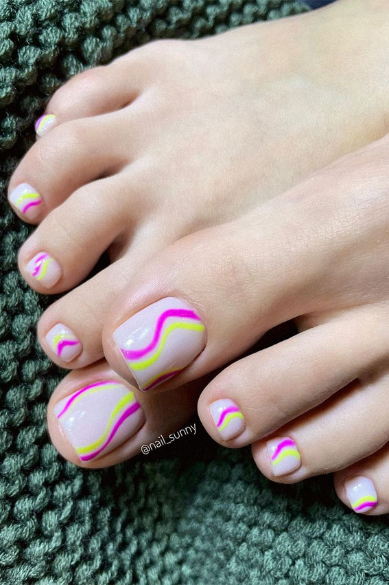 40+ Trendy Pedicure Designs 2022 : Pink and Yellow Swirl Pedicure