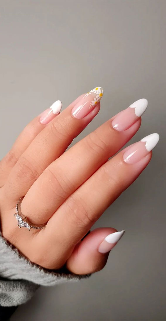 35 Almond Nails For A Cute Spring Update : White Heart French Tip Nails with Daisies