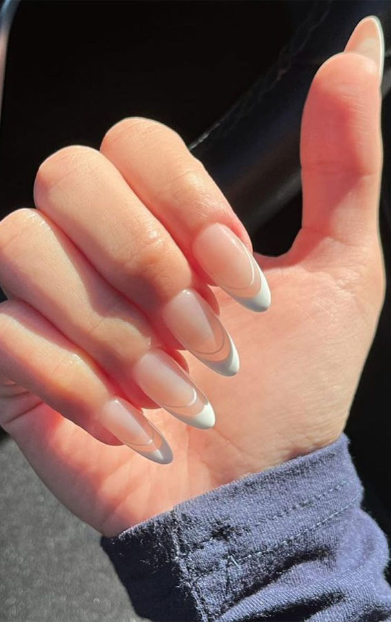 white double french nails, white french tip nails, spring nails 2022, almond nails, almond nails 2022, almond nails designs, acrylic almond nails, french tip almond nails