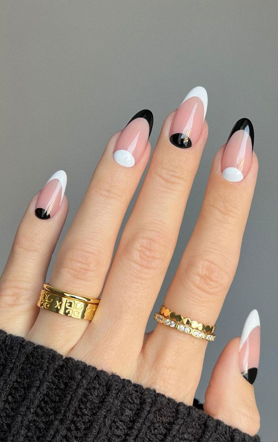 black and white french nails, spring nails 2022, almond nails, almond nails 2022, almond nails designs, acrylic almond nails, french tip almond nails