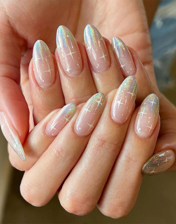 holographic ombre nails, spring nails 2022, almond nails, almond nails 2022, almond nails designs, acrylic almond nails, french tip almond nails