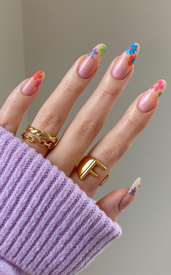 35 Almond Nails For A Cute Spring Update : Colourful Flower French Tip Nails