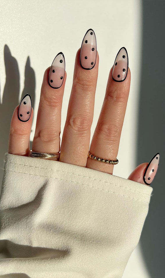 35 Almond Nails For A Cute Spring Update : Black Outline Jelly Nails with Black Pearls