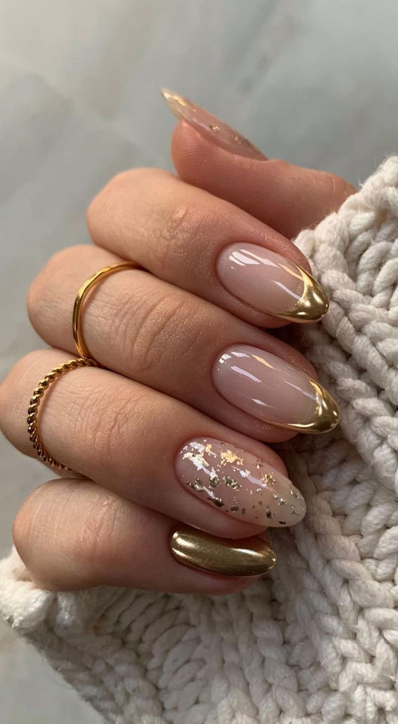 gold french almond nails, spring nails 2022, almond nails, almond nails 2022, almond nails designs, acrylic almond nails, french tip almond nails