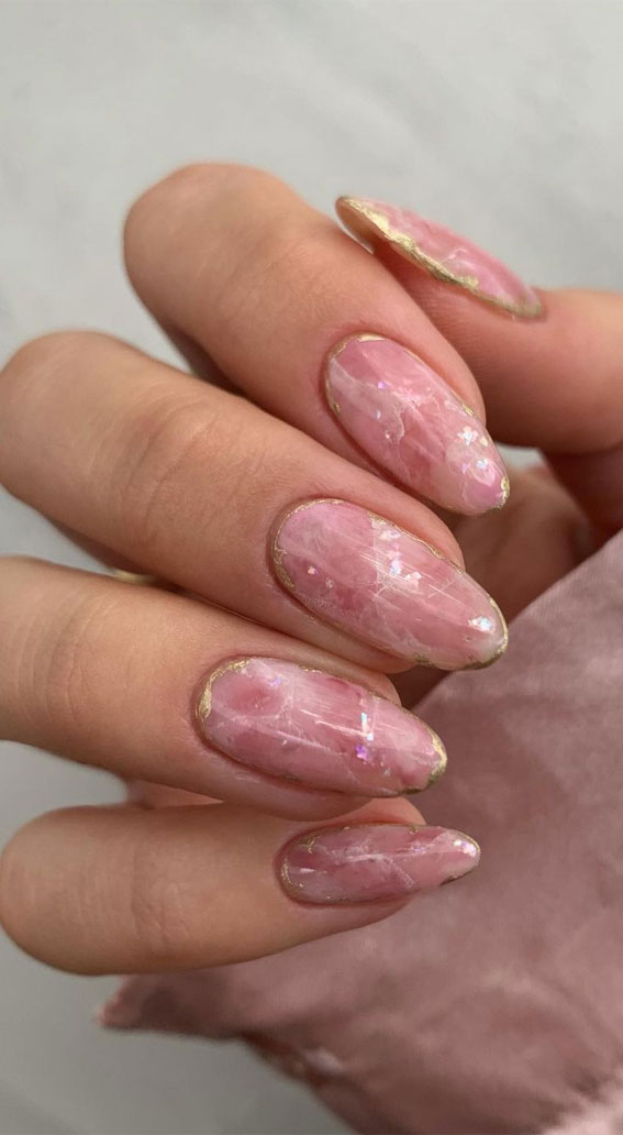 rose quartz almond nails, spring nails 2022, almond nails, almond nails 2022, almond nails designs, acrylic almond nails, french tip almond nails