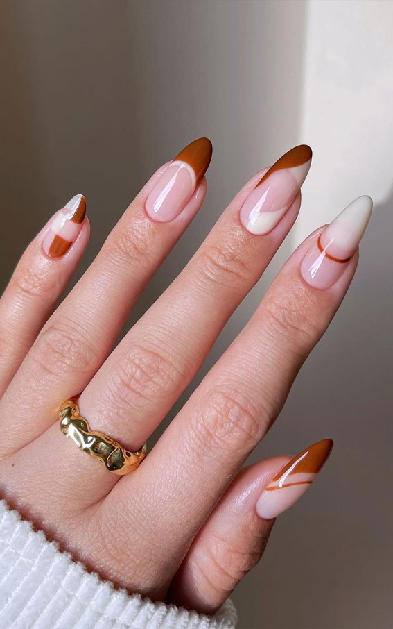 35 Almond Nails For A Cute Spring Update : Mix n Match Brown Almond Nail Art