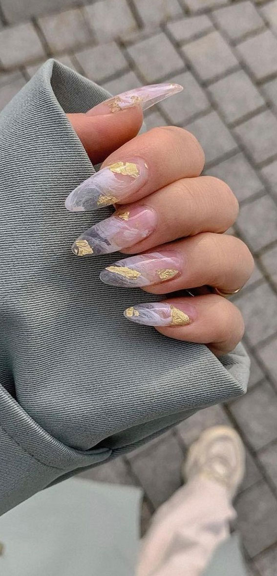 35 Almond Nails For A Cute Spring Update : Jelly Milky Marble Nails with Gold Foil