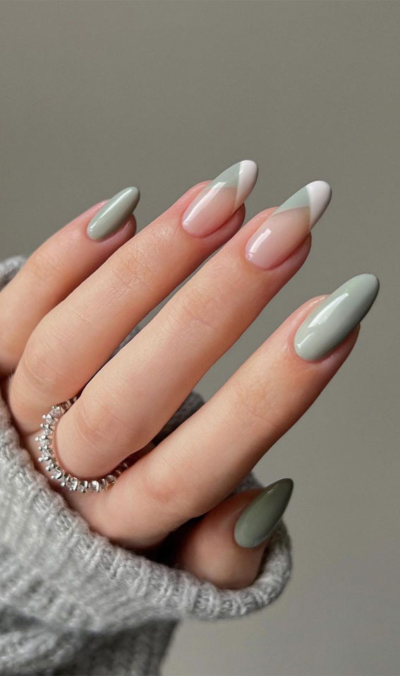 sage and white chevron french tip nails, spring nails 2022, almond nails, almond nails 2022, almond nails designs, acrylic almond nails, french tip almond nails