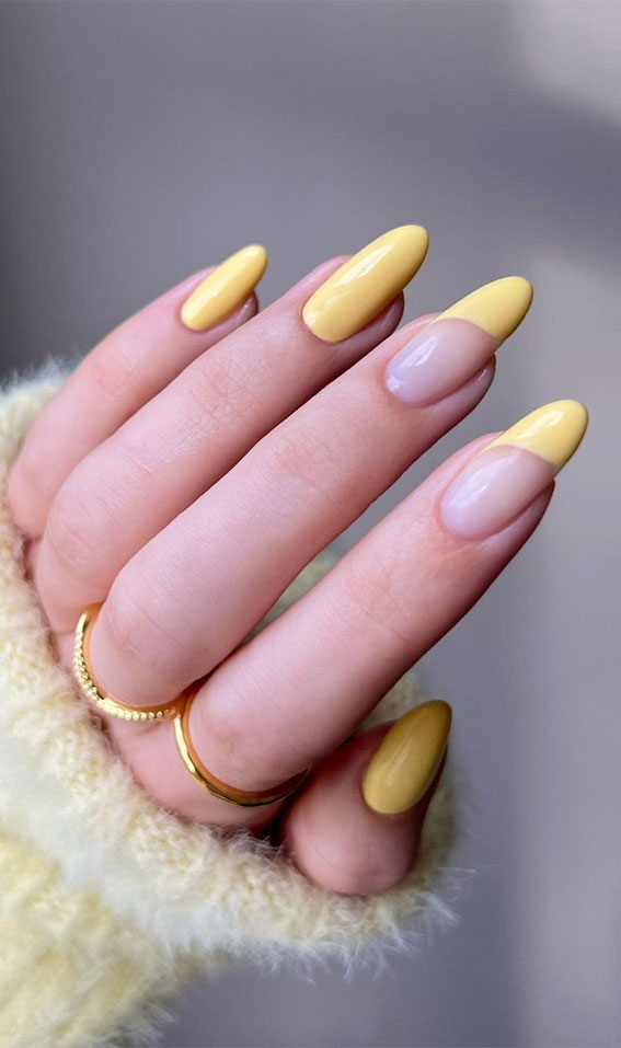 yellow pastel french tip nails, spring nails 2022, almond nails, almond nails 2022, almond nails designs, acrylic almond nails, french tip almond nails