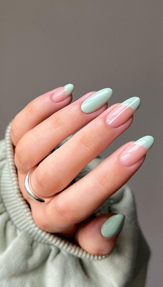 mint pastel french tip nails, spring nails 2022, almond nails, almond nails 2022, almond nails designs, acrylic almond nails, french tip almond nails