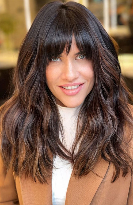 50 Stylish Brown Hair Colors & Styles for 2022 : Dark Brown Shaggy Haircut  with Bangs