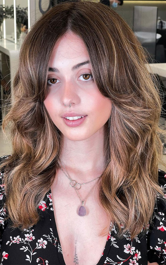 50 Stylish Brown Hair Colors & Styles for 2022 : Soft Shaggy with Curtain Bangs