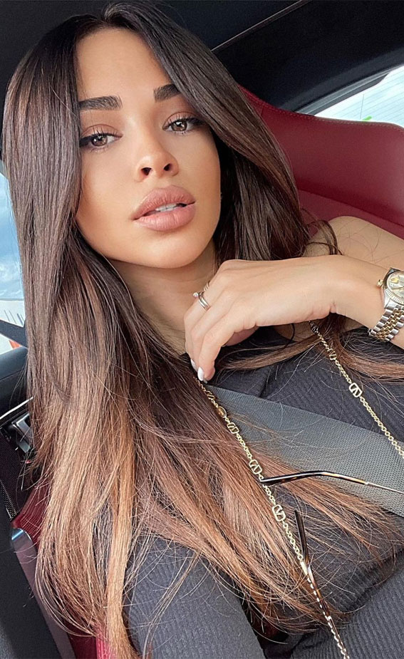 50 Stylish Brown Hair Colors & Styles for 2022 : Light Warm Brown Long Hair
