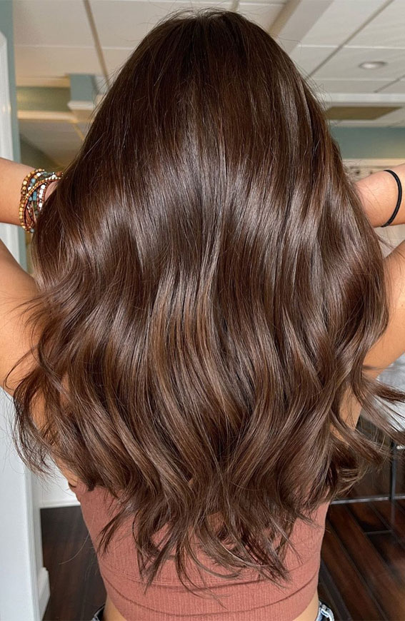 50 Stylish Brown Hair Colors & Styles for 2022 : Glossy Milky Chocolate Brown