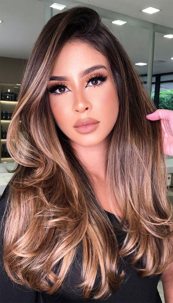 50 Stylish Brown Hair Colors & Styles for 2022 : Sparkling Amber Brown