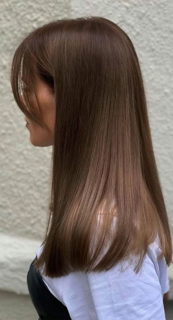 50 Stylish Brown Hair Colors & Styles for 2022 : Medium Warm Brown with  Curtain Bangs