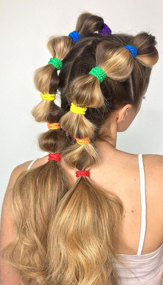 32 Cute Ways To Wear Bubble Braid : Colourful Wrapped Bubble Braids