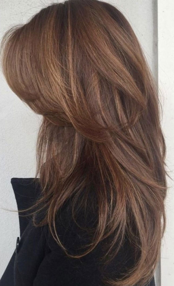 layered hair cut, brown hair color ideas, chocolate brown hair, medium length haircut with curtain bangs, brown hair color ideas