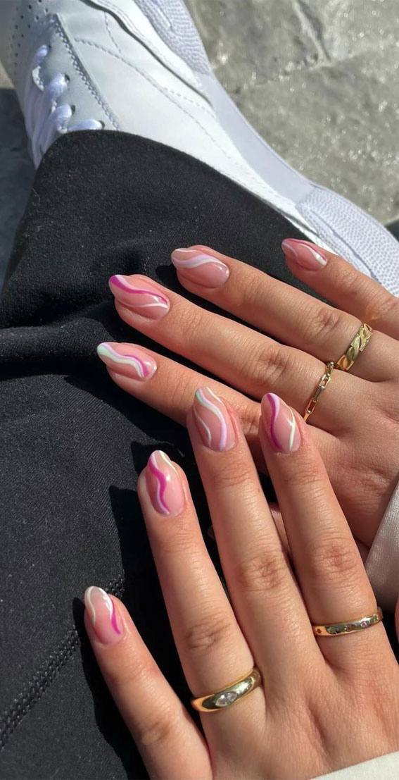 37 Cute Spring Nail Art Designs : Pink and White Vertical Swirl Nails