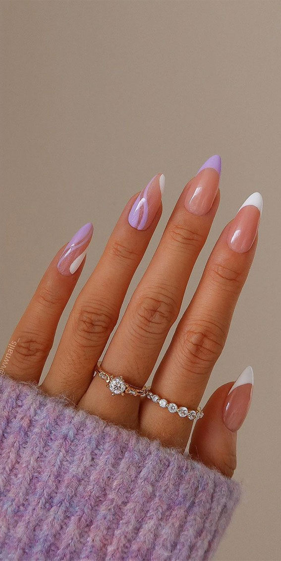 lilac and white french, french tip nails, spring nails