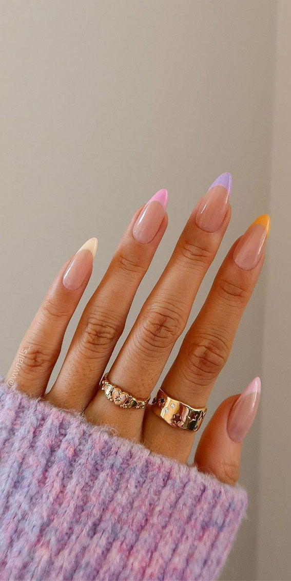 35 Almond Nails For A Cute Spring Update : Multi Pastel French Nails