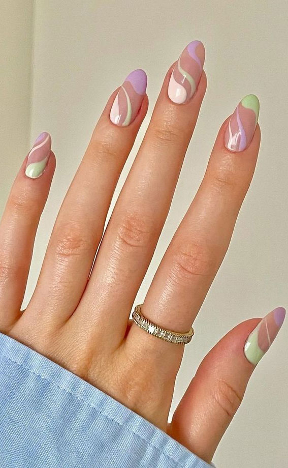 37 Cute Spring Nail Art Designs : Pastel Swirl Oval Nails
