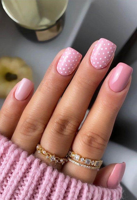 37 Cute Spring Nail Art Designs : Polka Dot Pink Nails