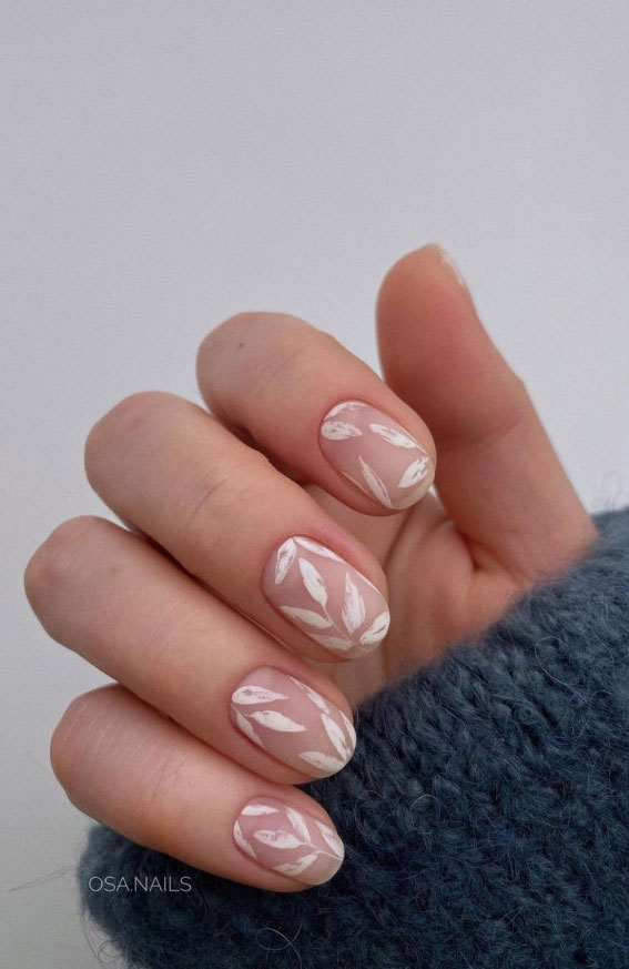 white leaf nude nails, spring nails 2021, spring nail art designs, spring nail designs 2022, spring french tip nails, soft neutral nails