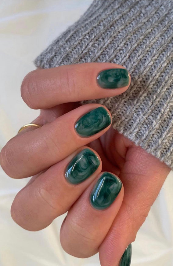 37 Cute Spring Nail Art Designs : Emerald Green Marble Short Nails
