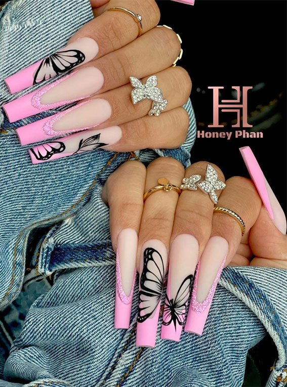 pink french tip nails, butterfly nails, pink french nails, french tip nails pink, spring nails