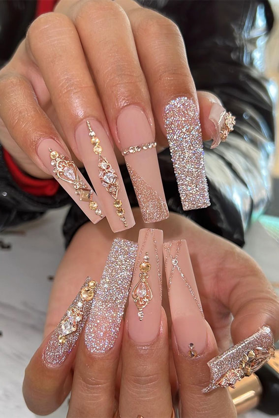 30 Spring Nails That We Are Obsessed With : Glitz and Glam Nude Nails