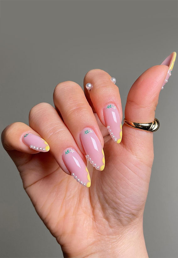 30 Spring Nails That We Are Obsessed With : Pearls & Yellow Scallop Side French Tips