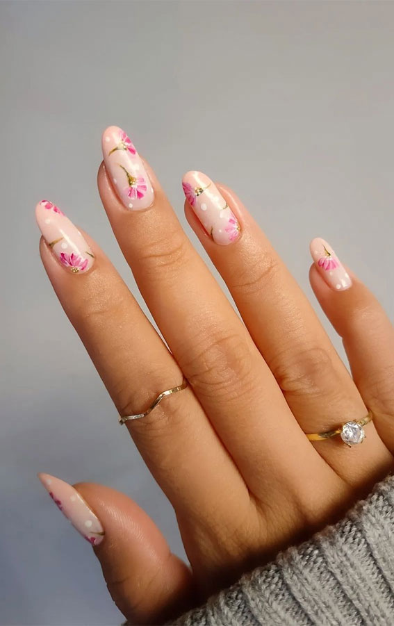 30 Spring Nails That We Are Obsessed With : Feminine Pink Floral Nails