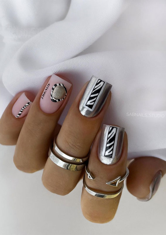 zebra print nails, modern animal print nails, chrome nails, matte pink nails