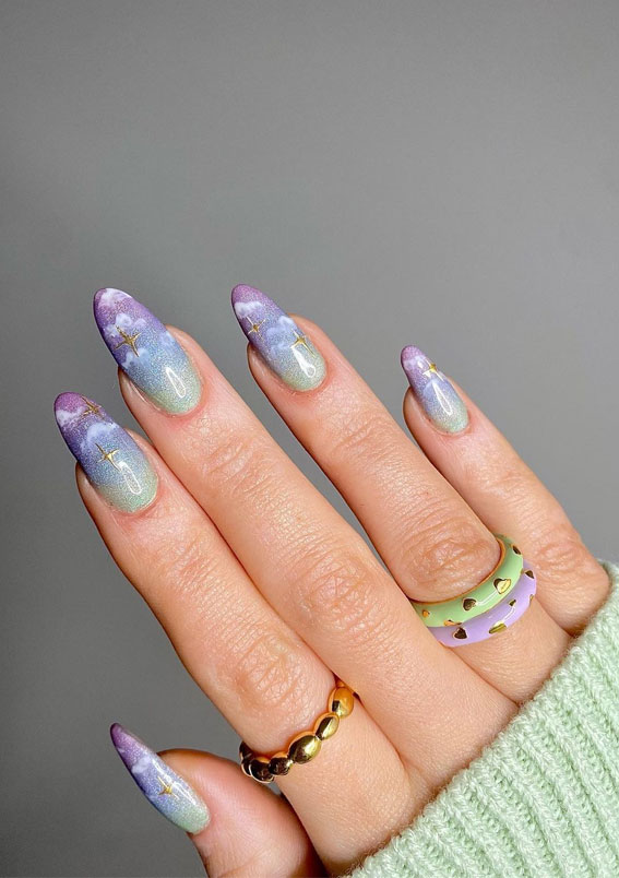 cloud nails, spring nails, spring nail art designs, blue and green cloud nails