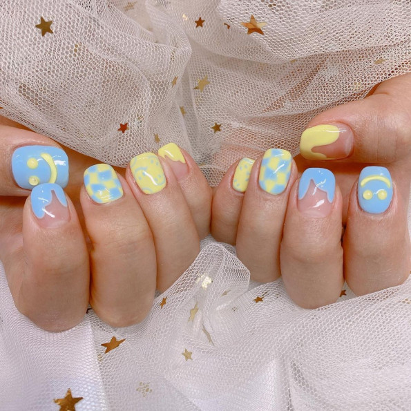 30 Spring Nails That We Are Obsessed With : Smiley Face Blue and Yellow Nails