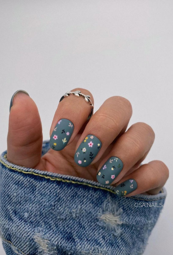 37 Cute Spring Nail Art Designs : Floral Dark Blue Nails