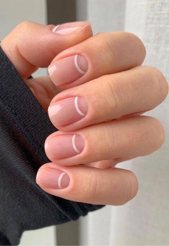 37 Cute Spring Nail Art Designs : White Line Half Moon Natural Nails