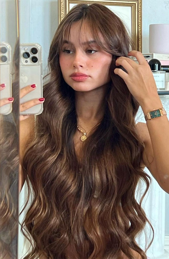 50 Cute Hairstyles with Curtain Bangs : Brunette Extra Long Hair
