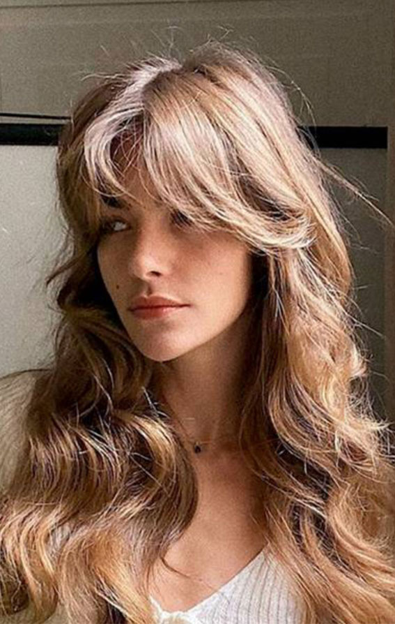 50 Cute Hairstyles with Curtain Bangs : Curl Long Hair with Curtain Bangs