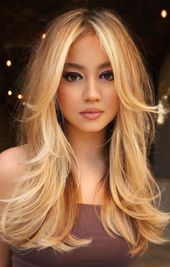 50 Cute Hairstyles with Curtain Bangs : Multi Shades of Blonde with Bangs
