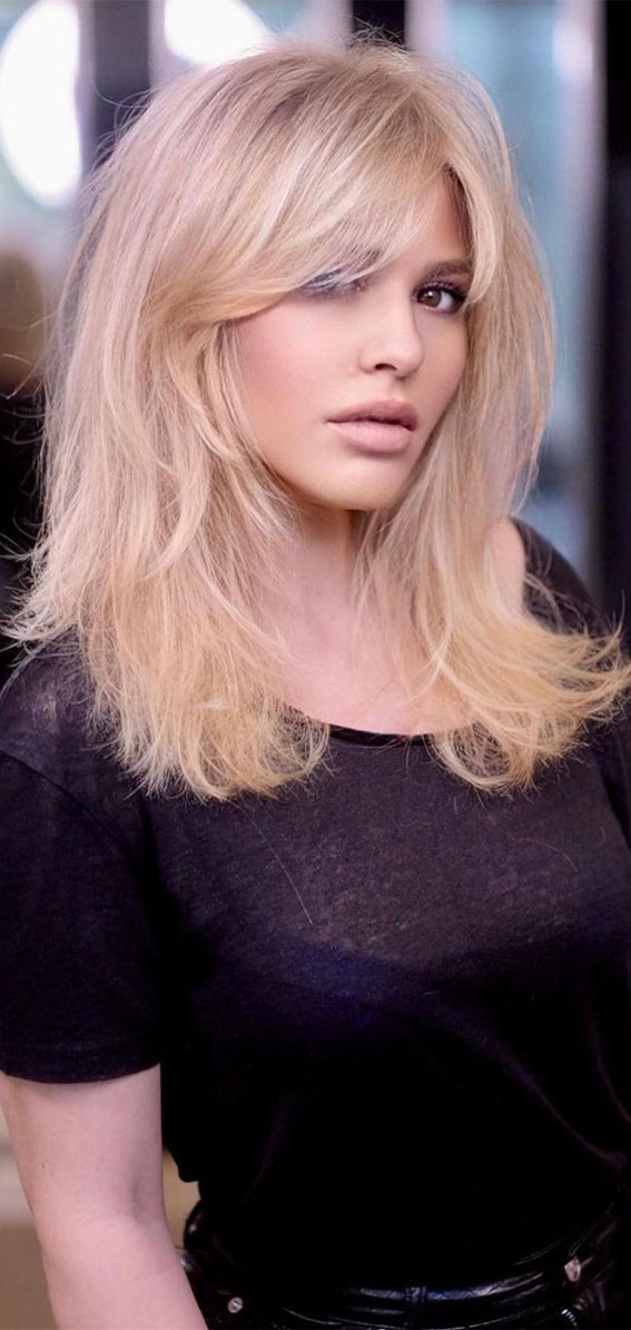57 Trendy Ways To Wear Curtain Bangs : Blonde Medium Length Haircut