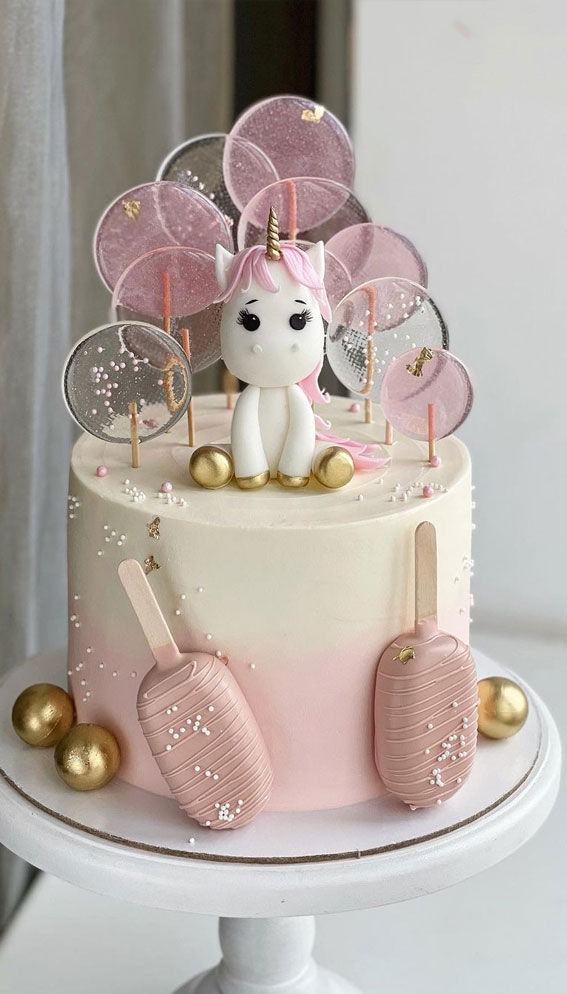 25 Baby Girl First Birthday Cake Ideas : Ombre Pink Cake Topped with Unicorn