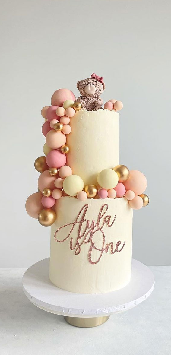 25 Baby Girl First Birthday Cake Ideas : Two-Tier Cake with Cascading Balloons