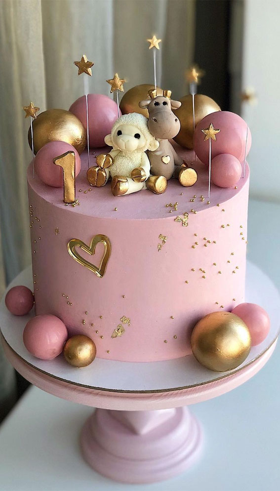25 Baby Girl First Birthday Cake Ideas : Pink Cake Topped with Cow & Sheep