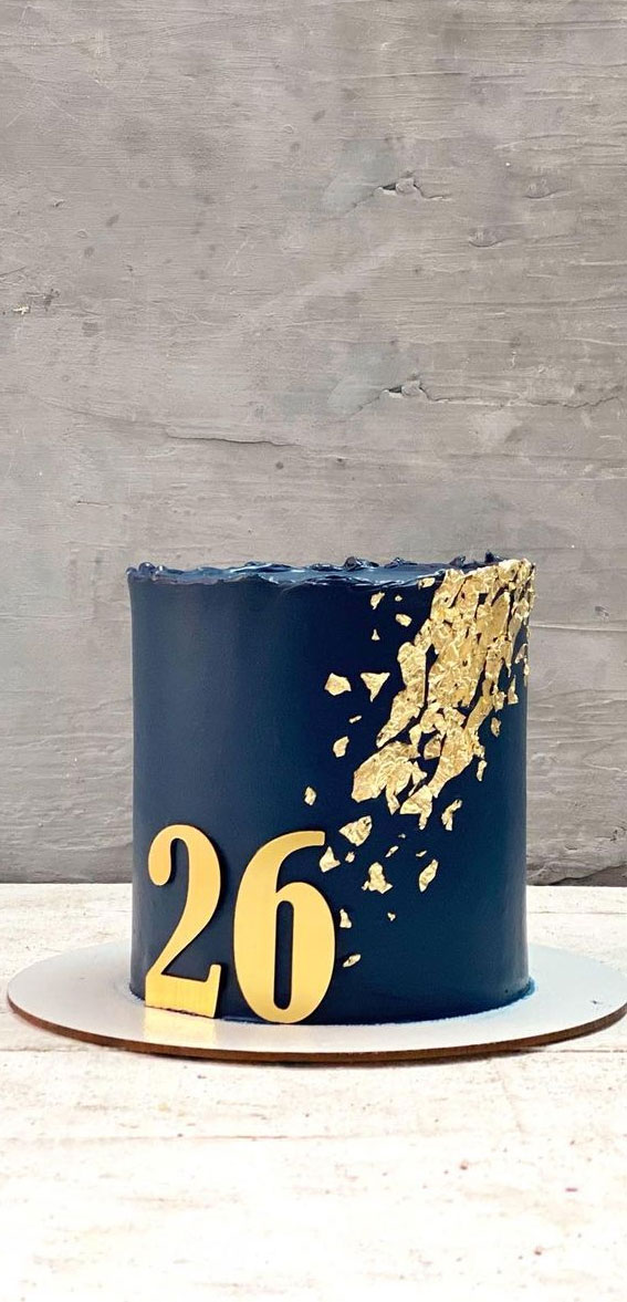 40 Cute Minimalist Cake Designs for Any Celebration : Dark Blue Cake with Gold Flakes