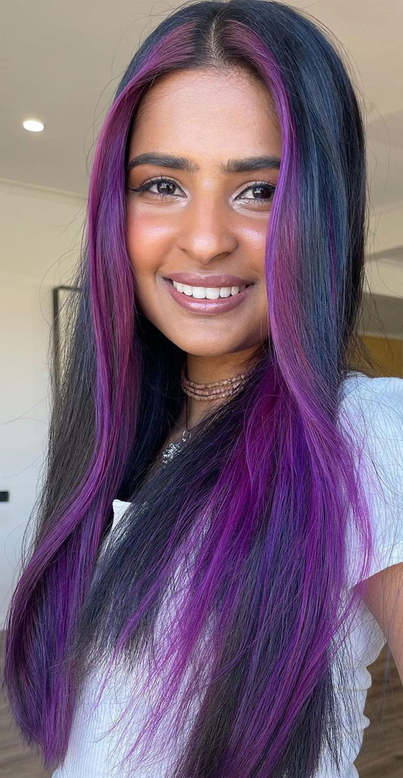 purple money piece, money piece hair highlights, money piece highlight ideas